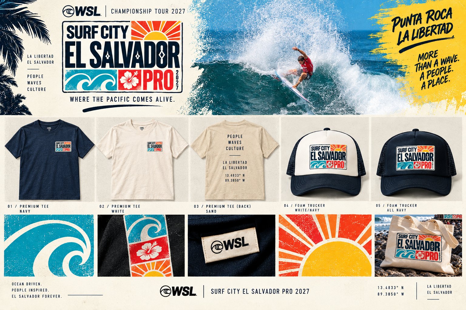 Surf City El Salvador Pro identity applied to tees, foam trucker hats, tote and woven labels