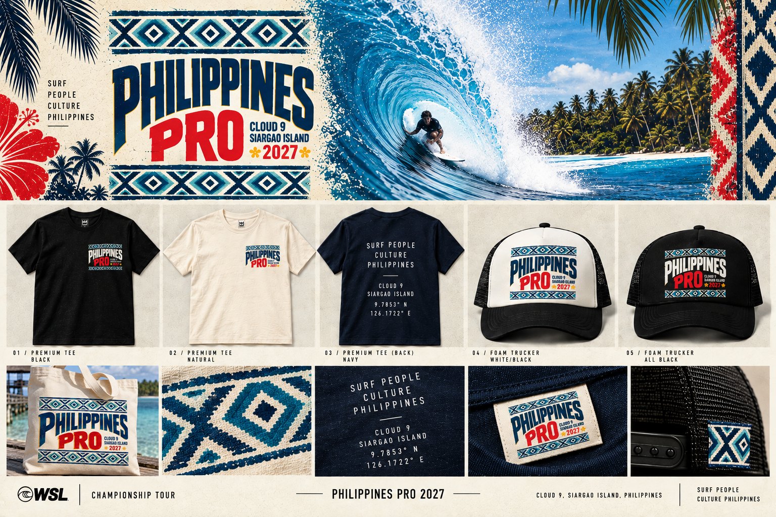 Philippines Pro identity applied to tees, foam trucker hats, tote and woven labels