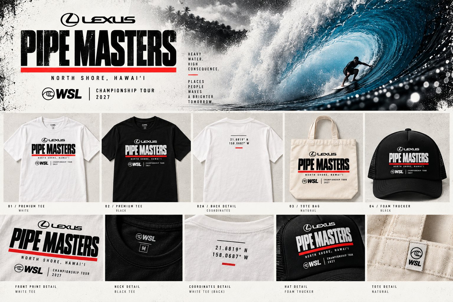 Lexus Pipe Masters identity applied to tees, foam trucker hats, tote and woven labels