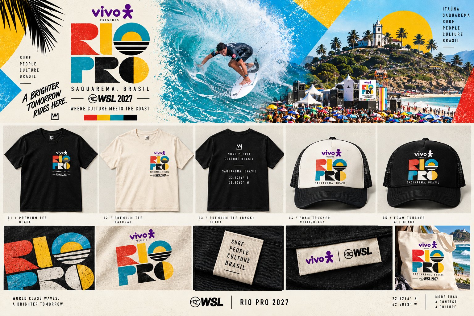 Vivo Rio Pro identity applied to tees, foam trucker hats, tote and woven labels