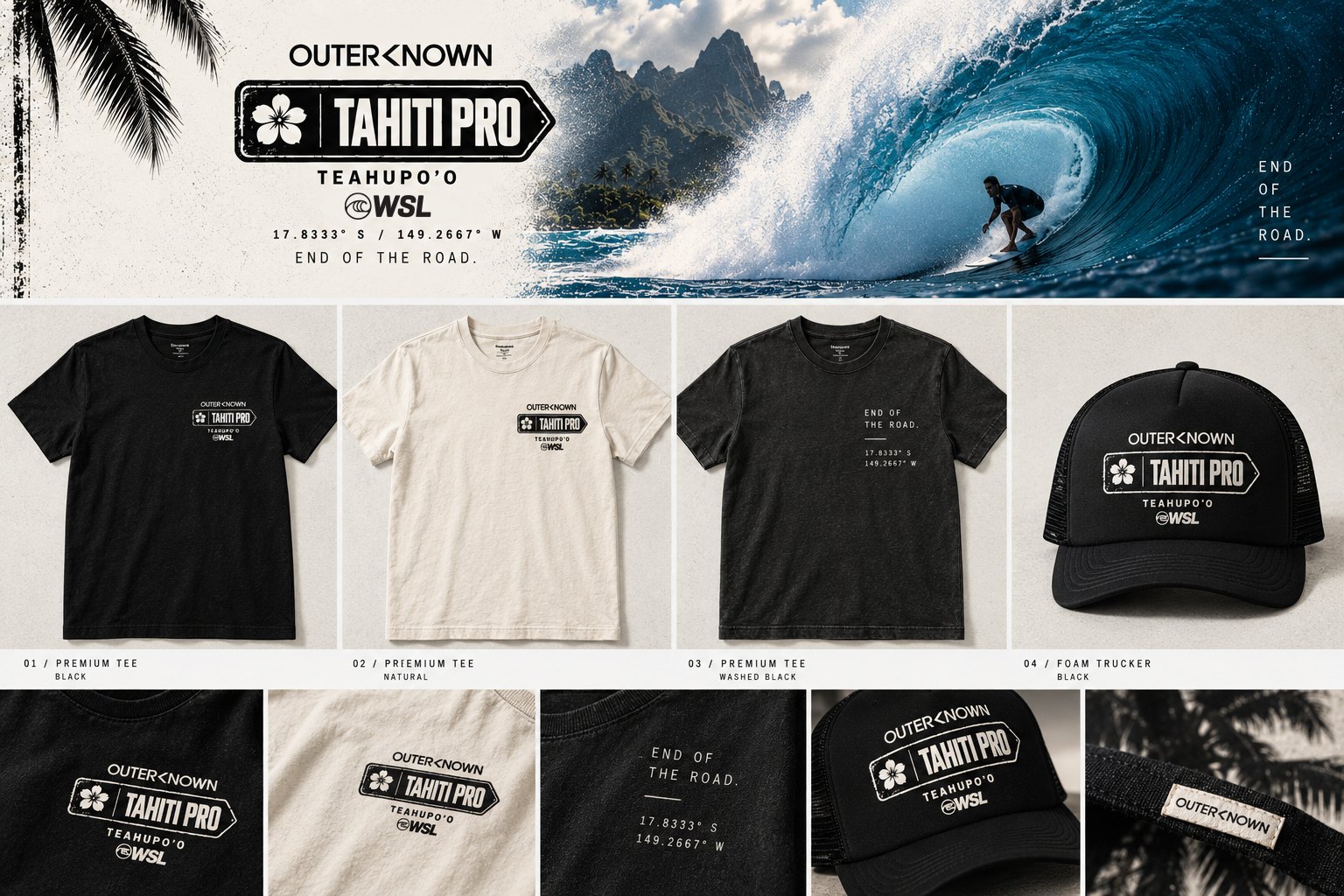 Outerknown Tahiti Pro identity applied to tees, foam trucker hats, tote and woven labels