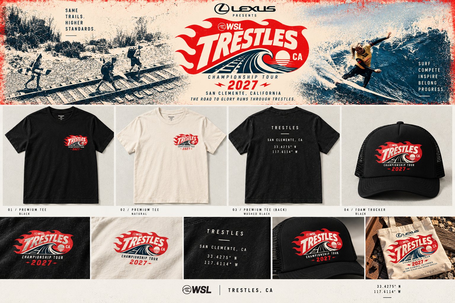 Lexus Trestles Pro identity applied to tees, foam trucker hats, tote and woven labels